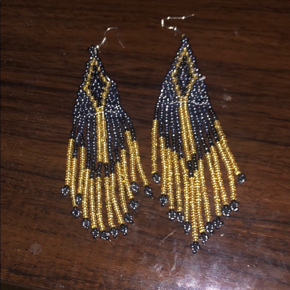 Gold and Blue Beaded Earrings